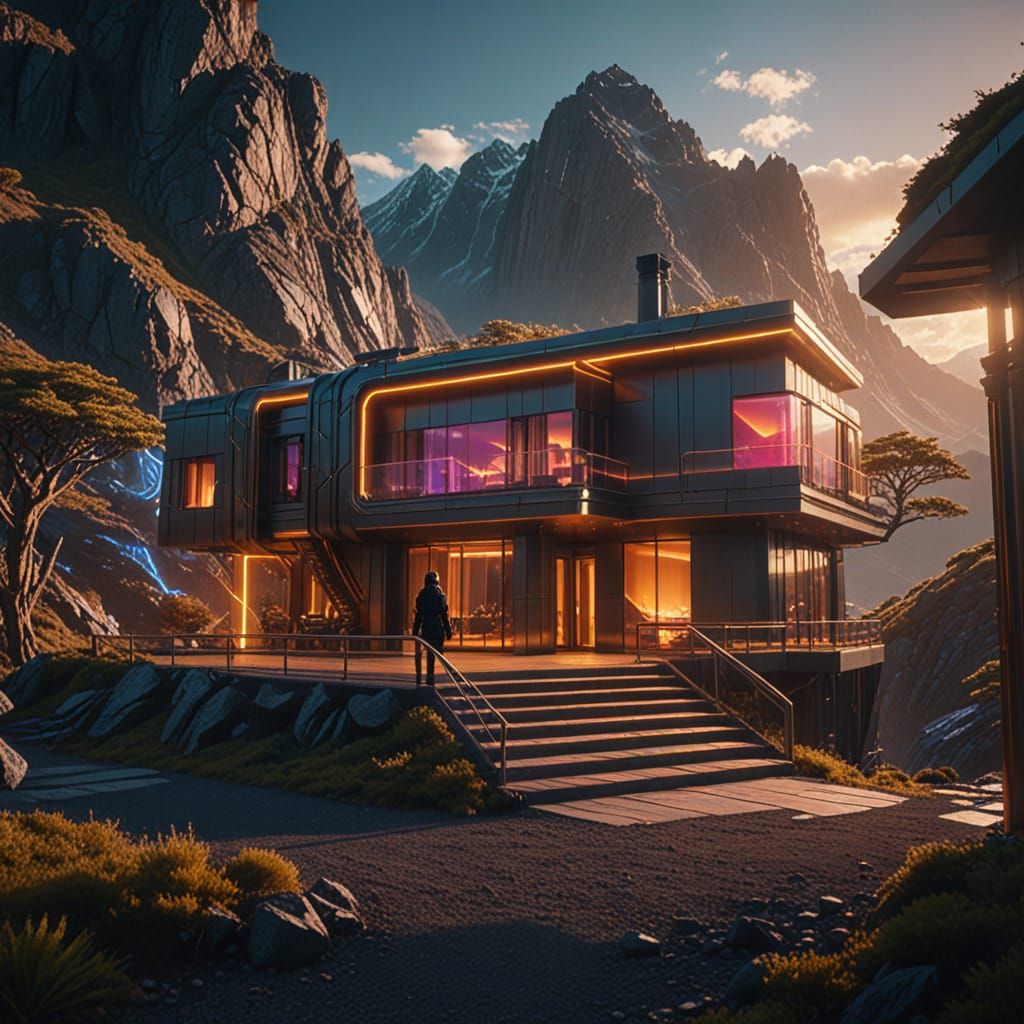 Magical Hightech Sci-Fi Mansion at Golden Hour