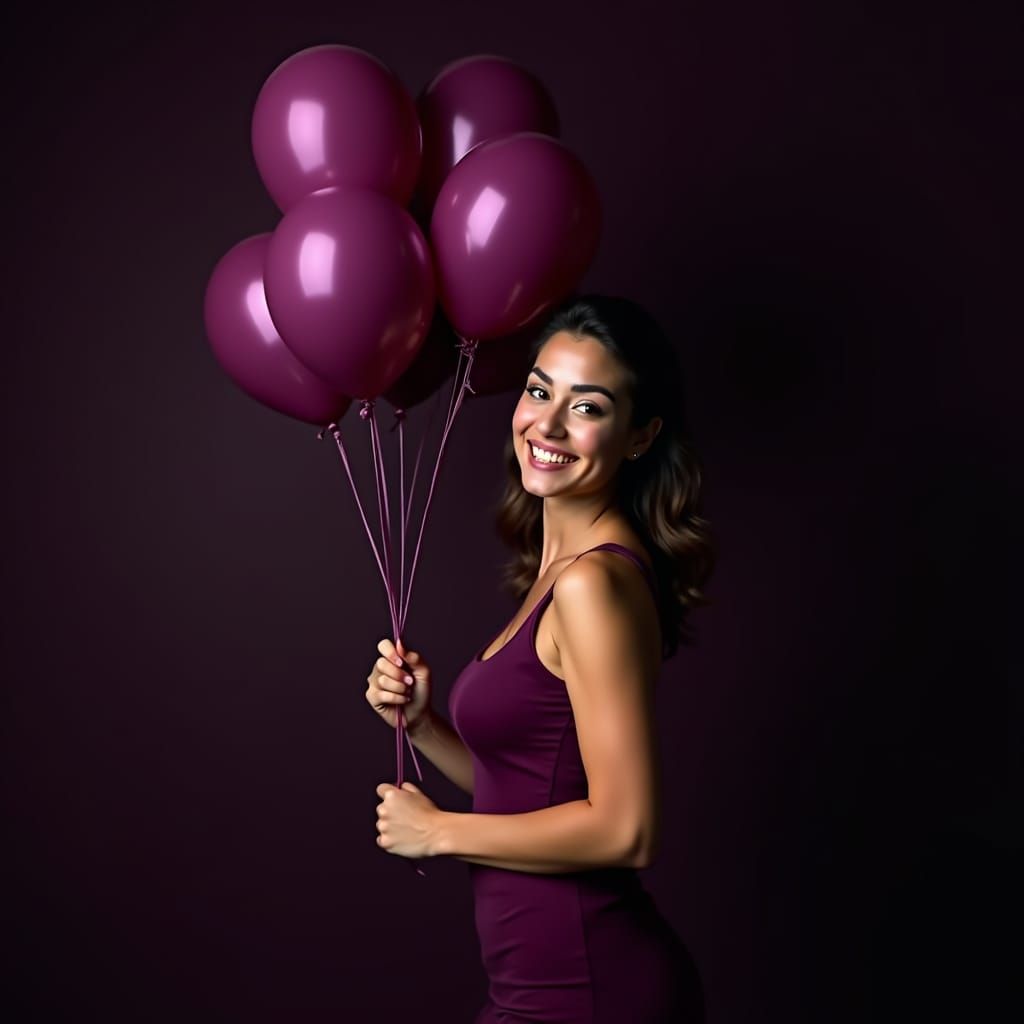 Happy Latina Woman with Violet Balloons