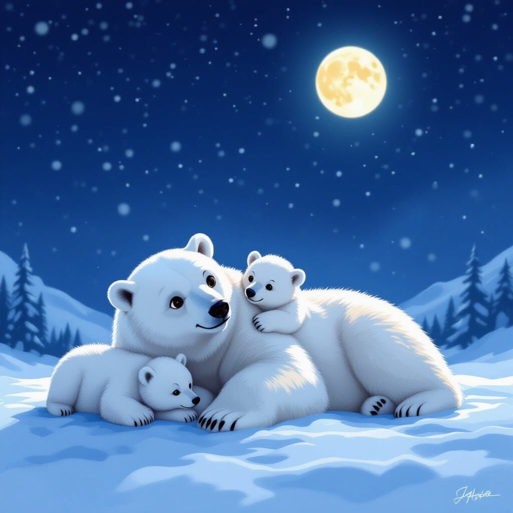 Polar Bear Family Under Starry Sky Digital Painting