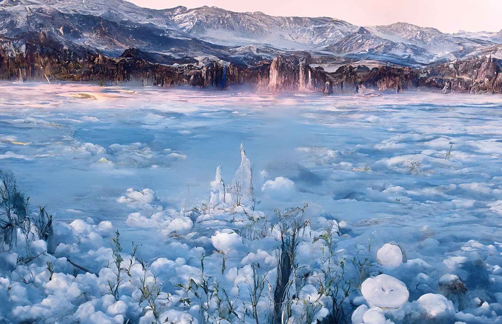 Frozen Lake in Winter Mountains Fantasy Artwork