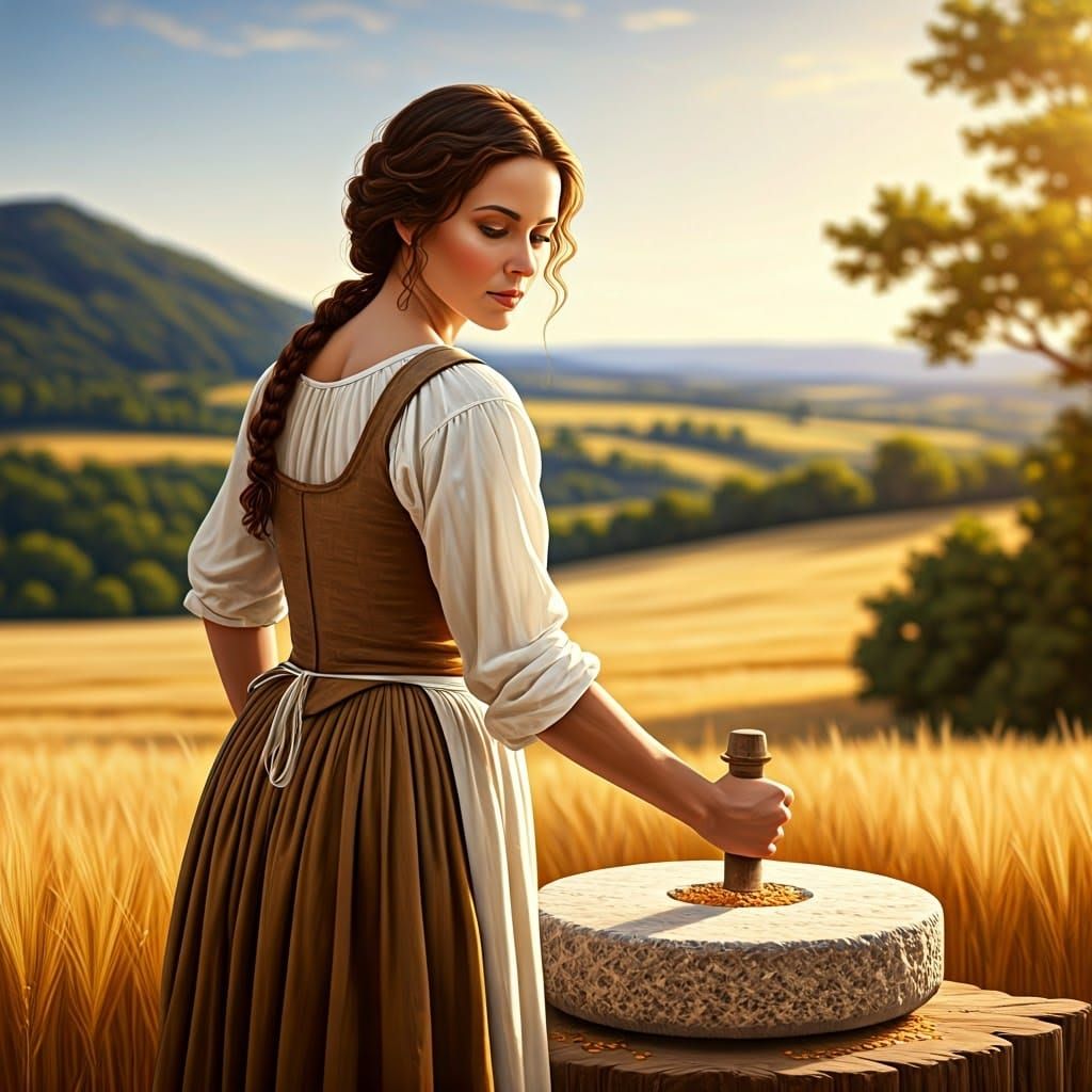 Woman Grinding Corn in Rural Setting, in Baroque Style