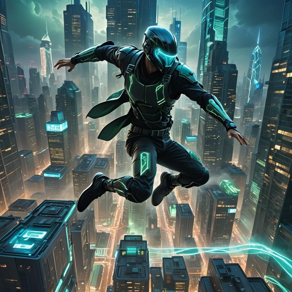 Cyberpunk Parkour Athlete Leaps Through Neon Cityscape