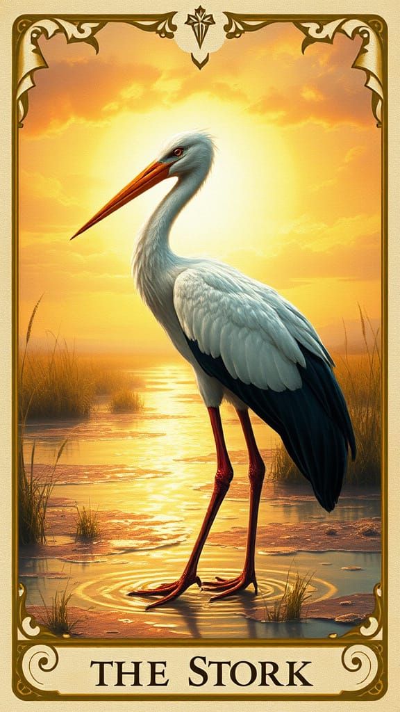 Create a Lenormand card featuring "The Stork" in an oil painting style. Depict a close-up of a graceful stork standing i...