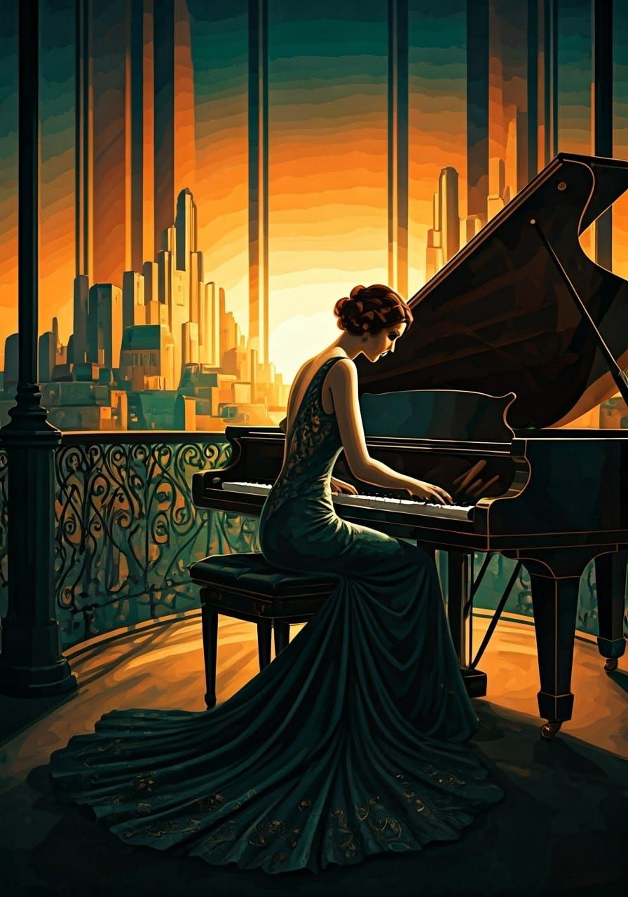 Woman Plays Piano in Art Deco Cityscape