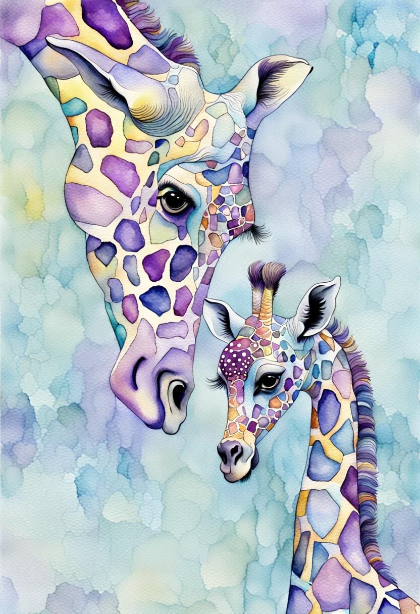 Whimsical Giraffe Mother and Baby in Klimt Style