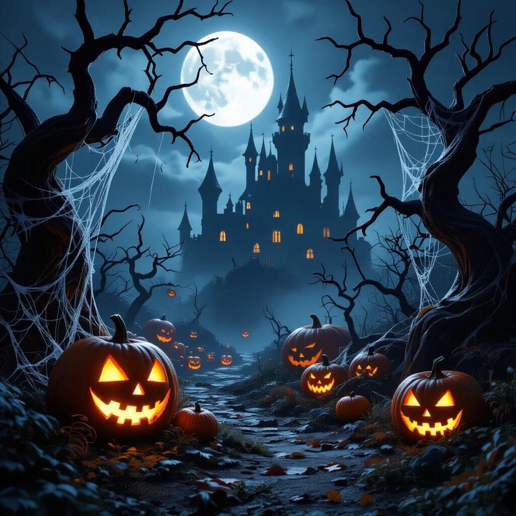 Spooky Halloween Castle Scene with Eerie Pumpkins