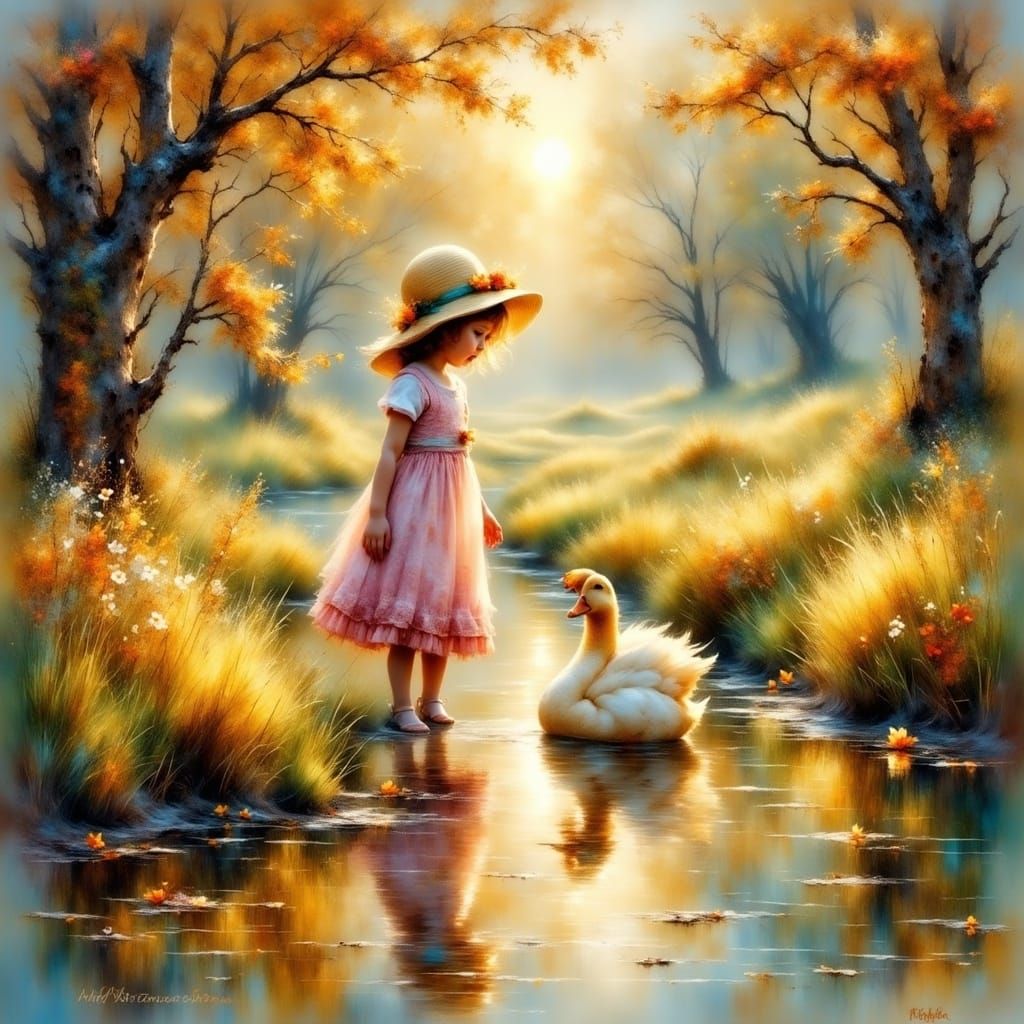 <lora:Impressionist:1.0> a child feeding ducks, nature interaction element, watercolor, serene colors, voluminous lighti...