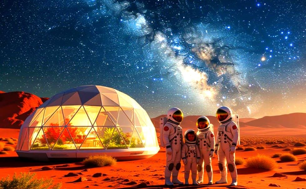 Astronaut Family on Mars Next to Futuristic Bio-dome Home