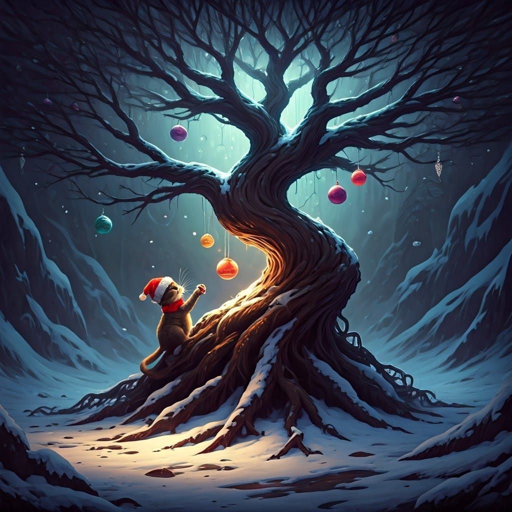 Whimsical Christmas Cat in a Fantastical Winter Wonderland