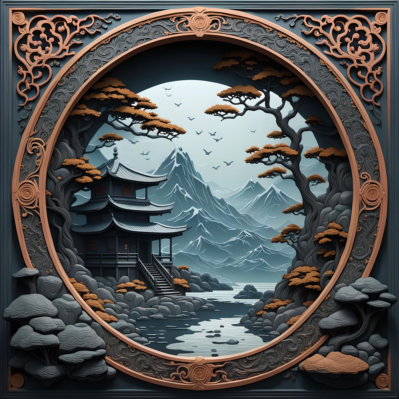 Ornate 3D Stone Relief Inspired by Japanese Art