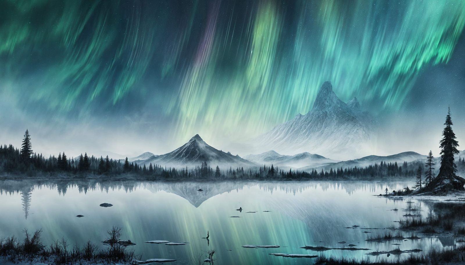 Ethereal Mountain Lake Reflects Digital Aurora