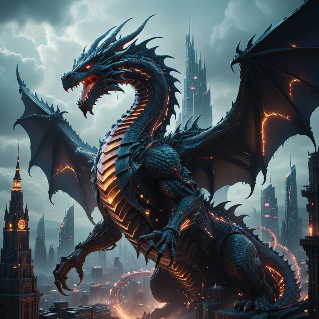 Biomechanical Dragon Coils Around Futuristic City
