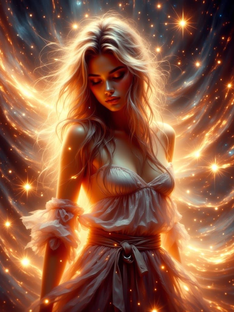 Blonde Fire Goddess Portrait in Romanesque Style