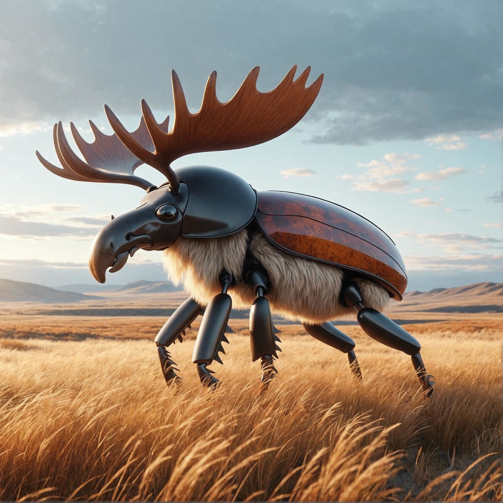 CGI Cartoon of a Beetle-Moose Hybrid in Prairie