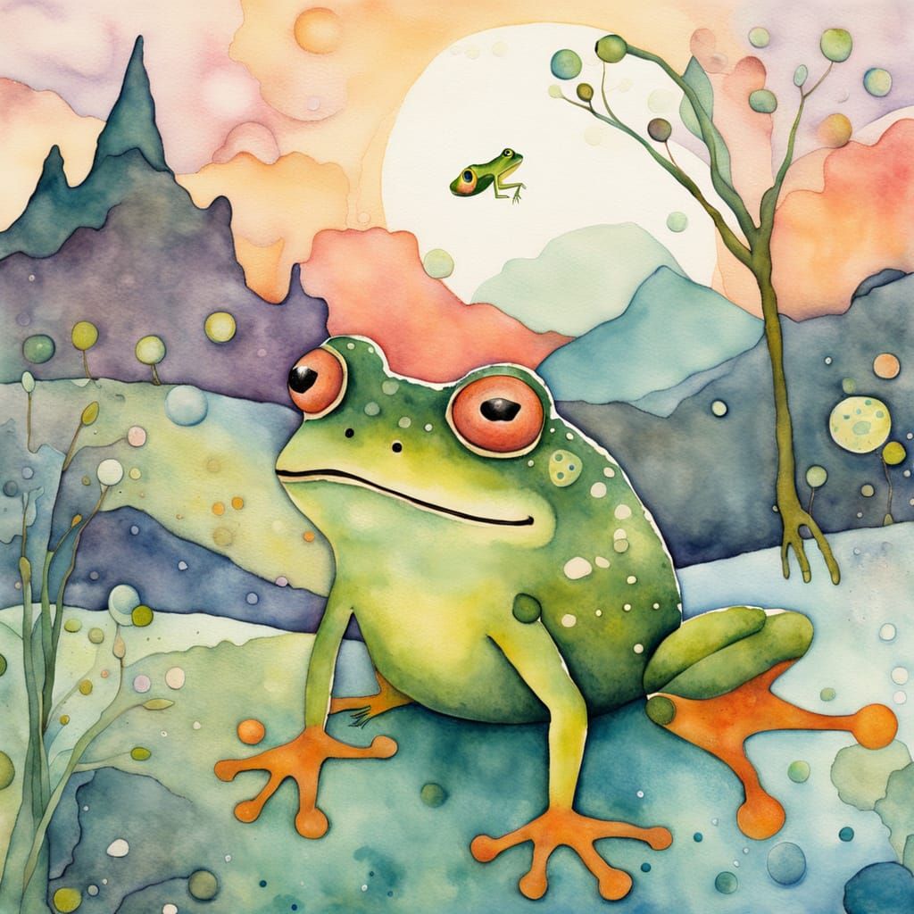 Surprised Frog in Surreal Watercolor Landscape
