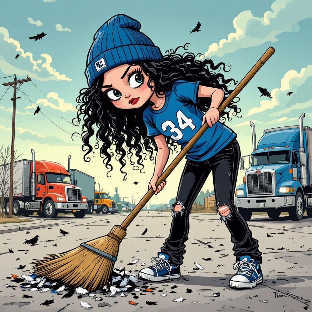 Girl Sweeps Feathers in Garbage Pail Kid Style