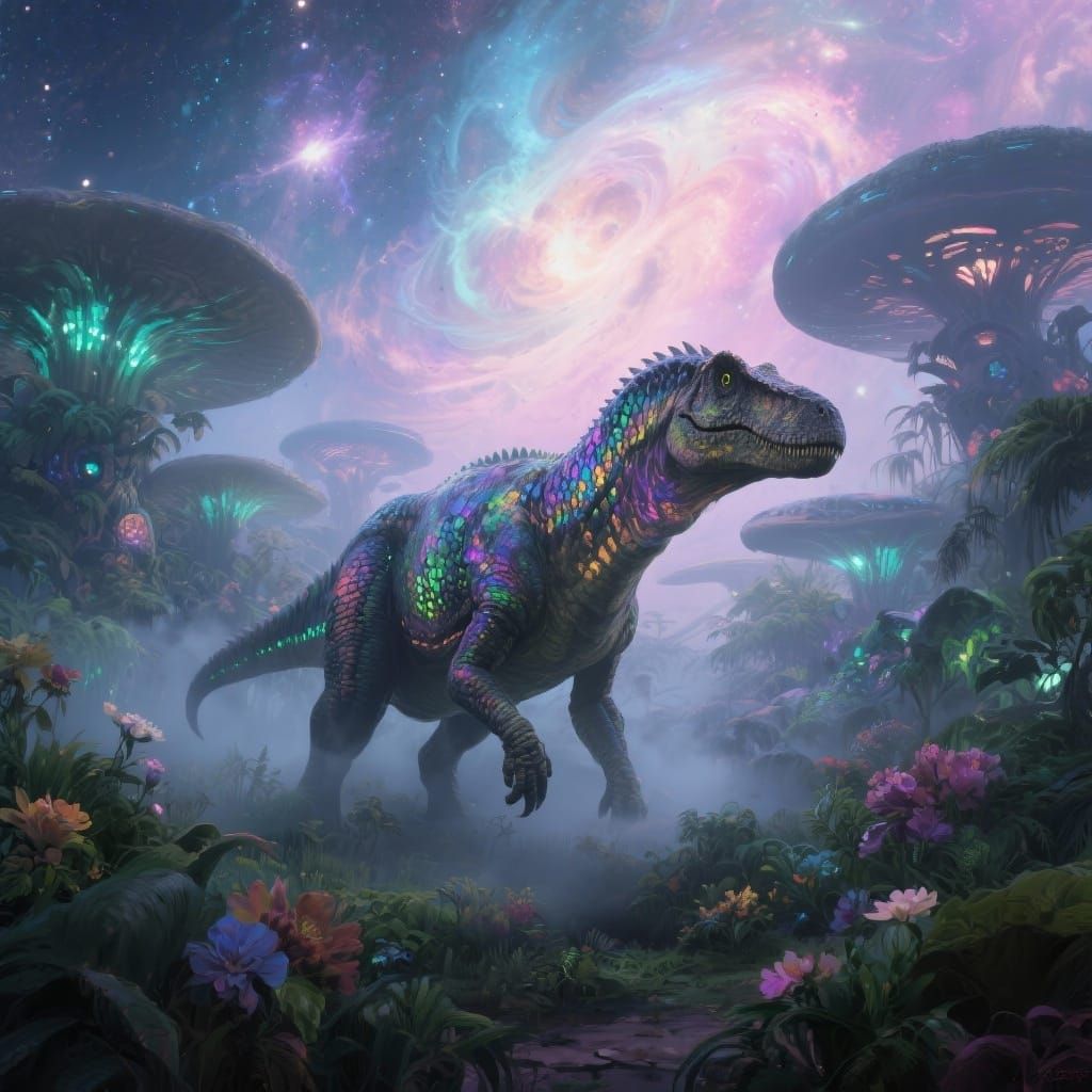 Bioluminescent Dinosaur in Alien Jungle Concept Art