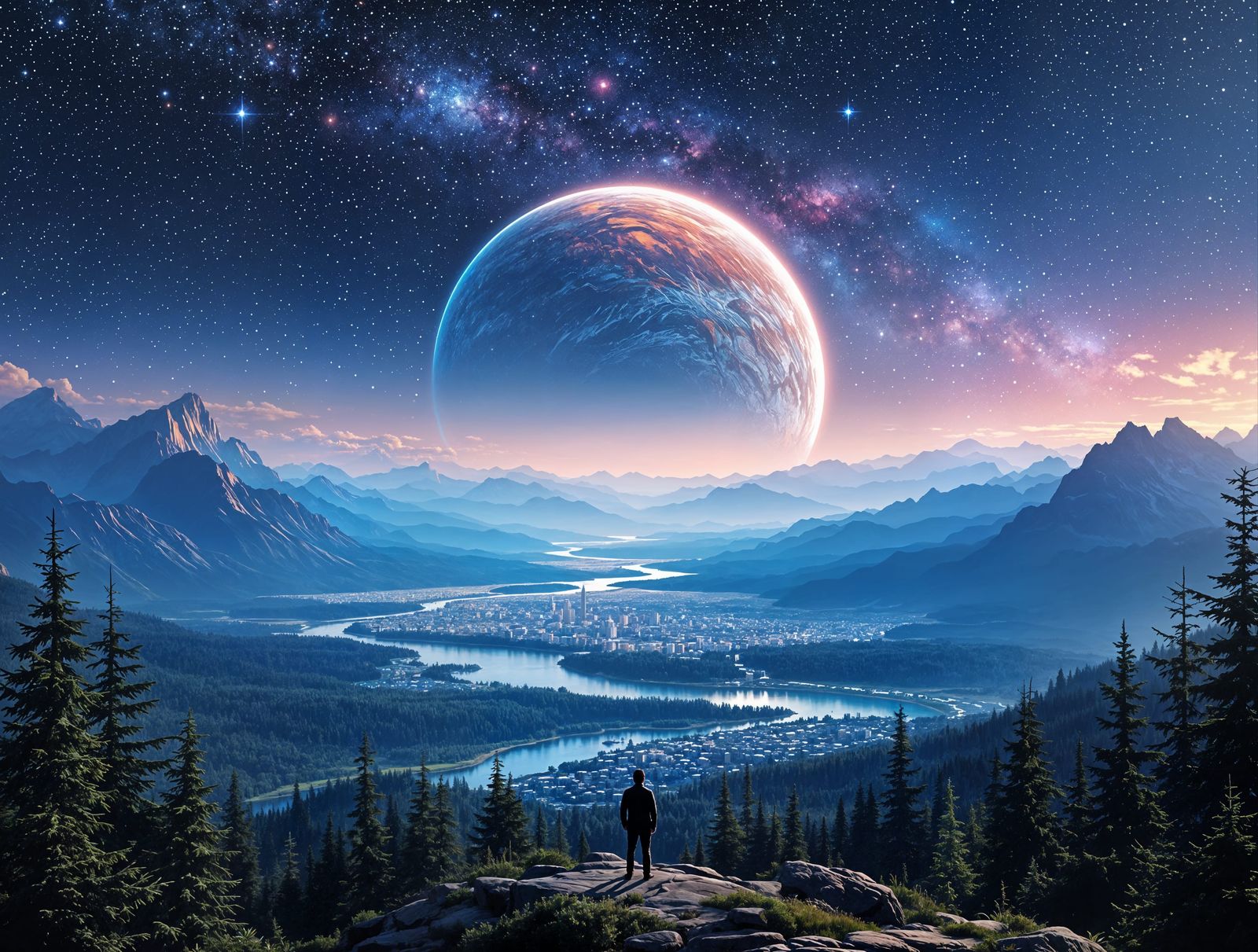 Glacier Park Landscape with Distant City Planet