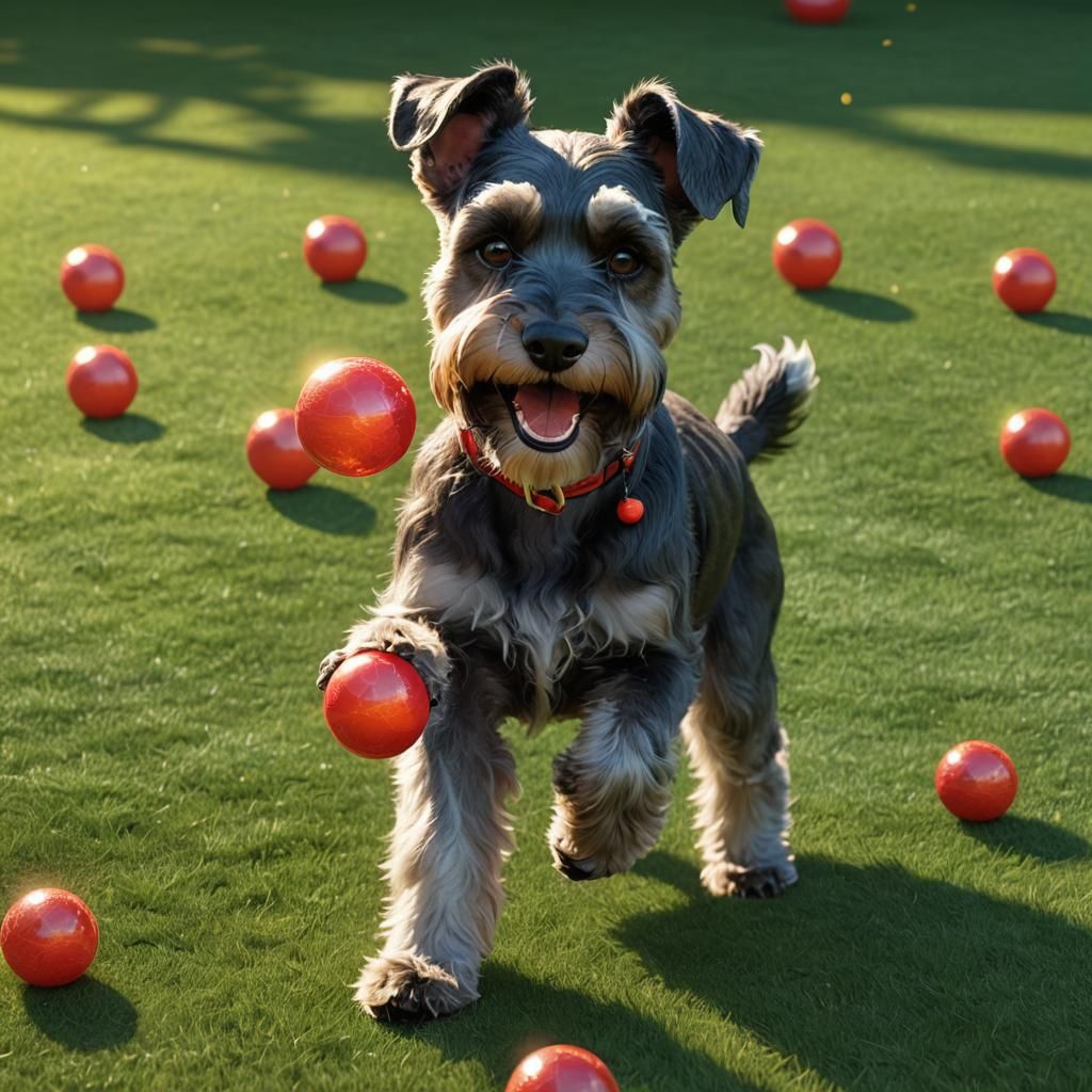 Playful Schnauzer with Red Ball in Pixar Style