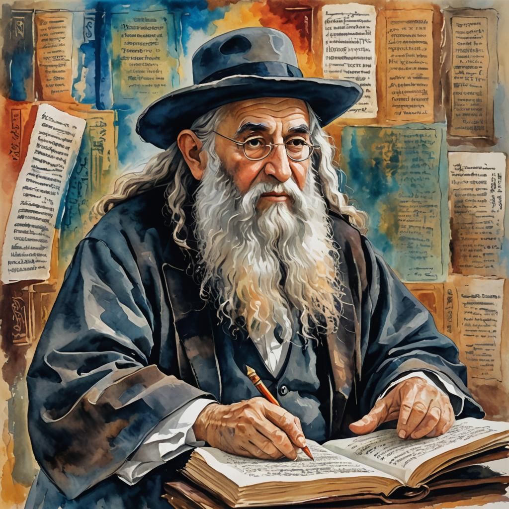 Rabbi Kanievsky Studying Torah in Gouache Style
