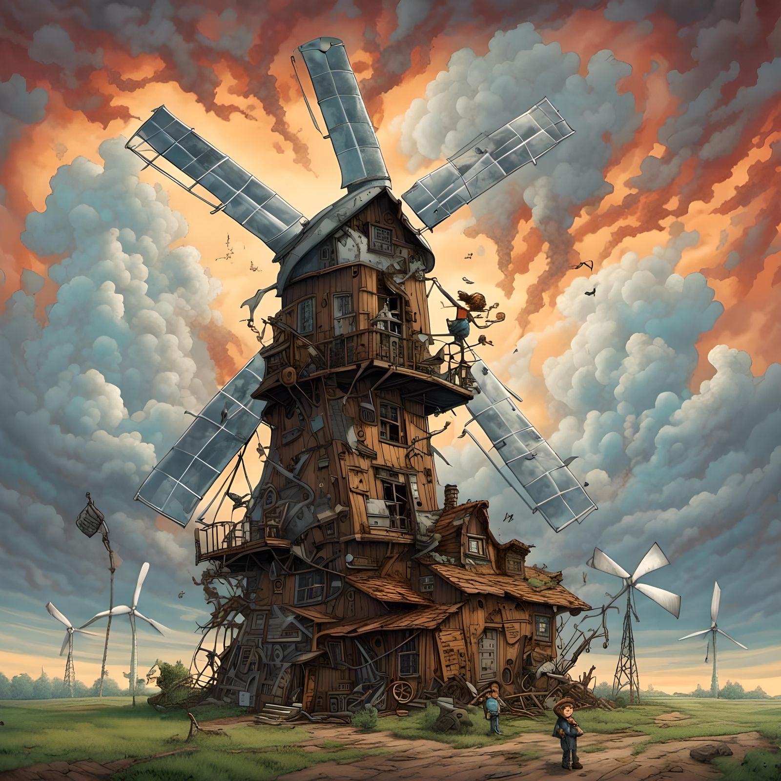 Steampunk Caricature: Wind Turbine Versus Tornado