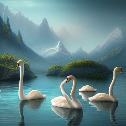 Fantastical Swans in Deep Color Lake