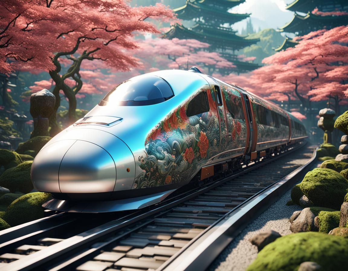 steampunk Shinkansen with colourful yakuza tattoo livery tra...