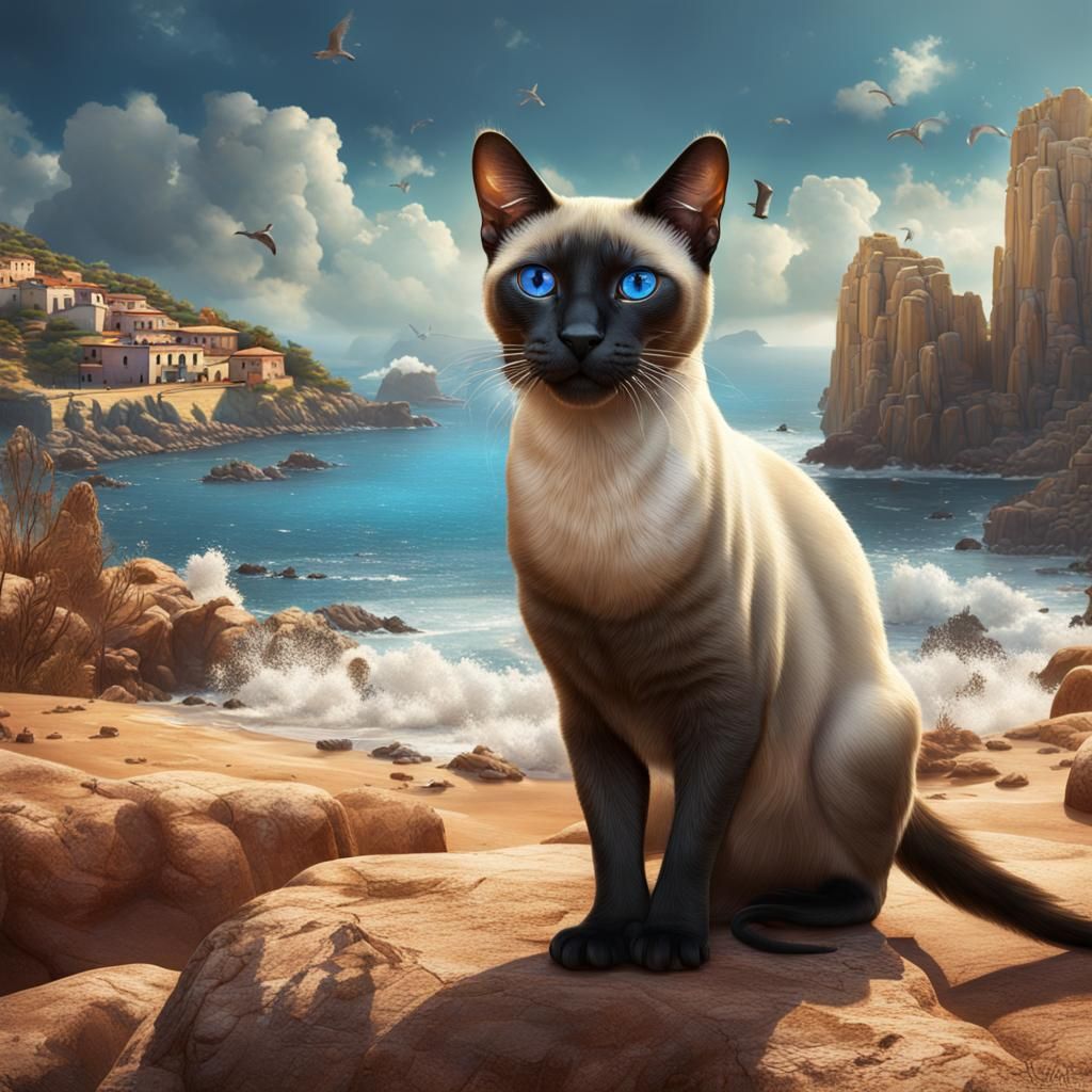 Siamese Cat at Costa Smeralda: Detailed Matte Painting