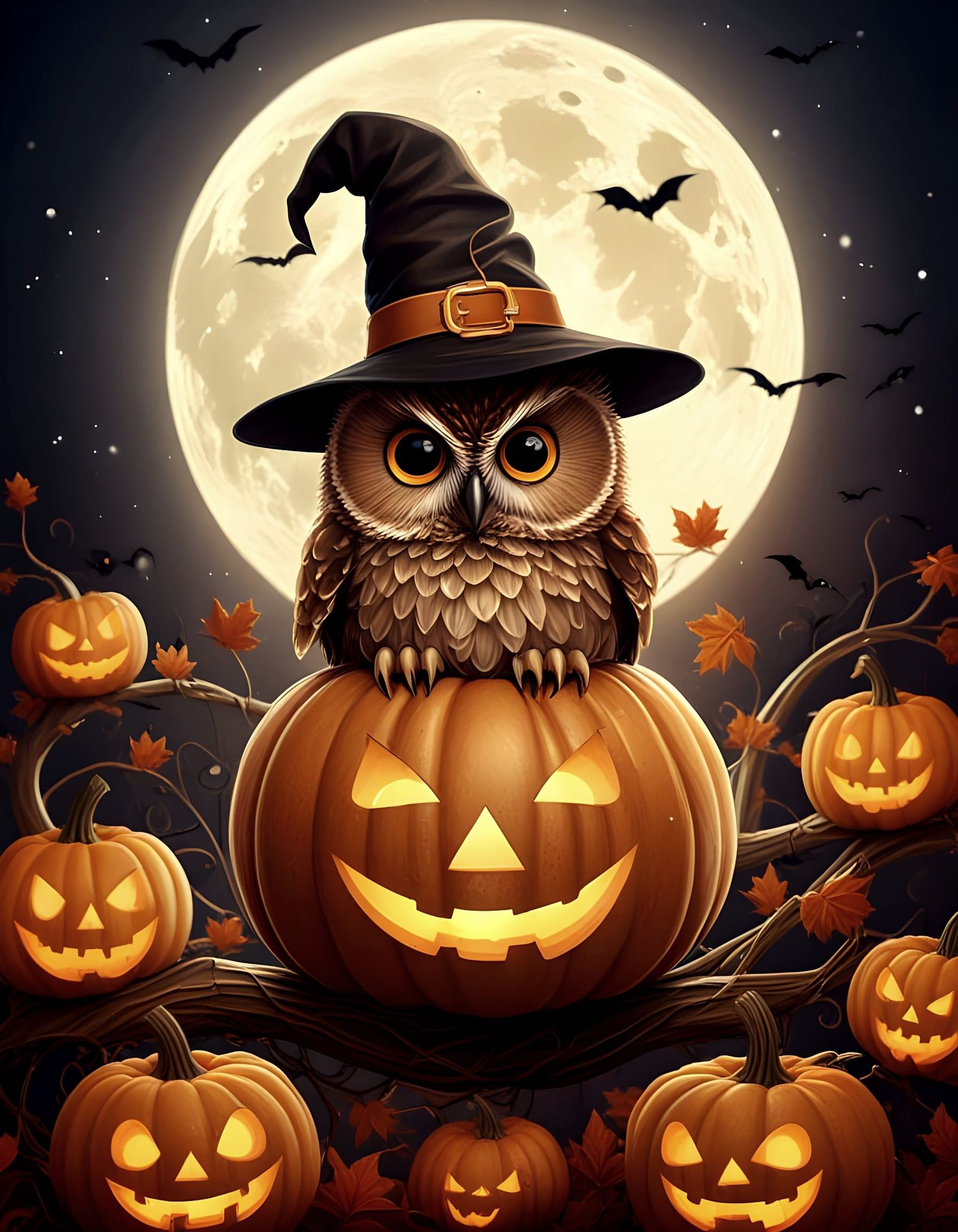 Owl in Pumpkin Hat on Glowing Jack-o'-Lantern