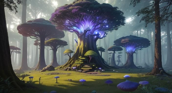 Fantasy World with Ancient Tree in Detailed Matte Painting
