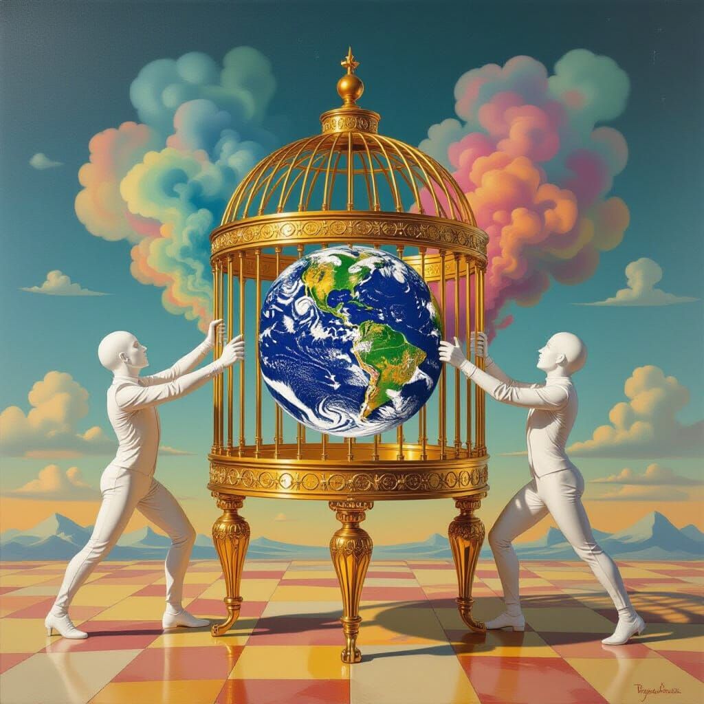 Golden Cage Traps Earth, Banker Sculptures Struggle