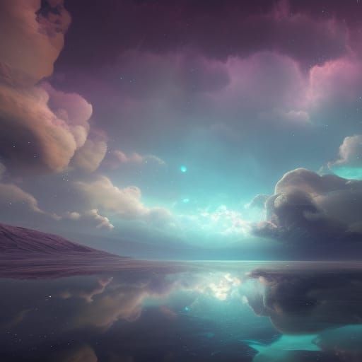 Galactic Sky Reflected in Ocean, Detailed Matte Painting