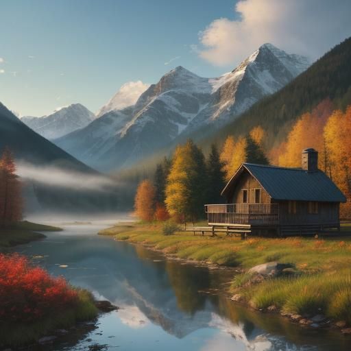 Cabin in Mountain Valley: Serene Landscape Painting