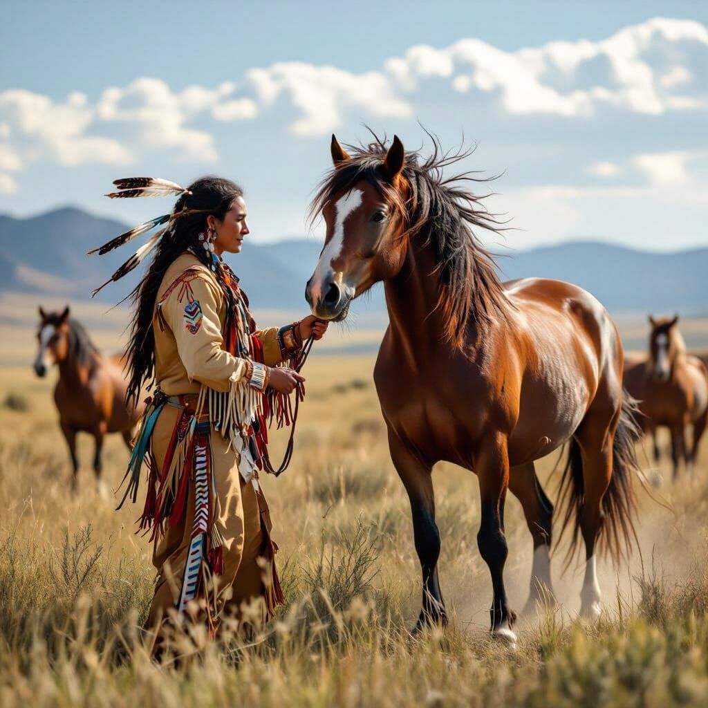 Native American Taming Wild Mustang on Plains