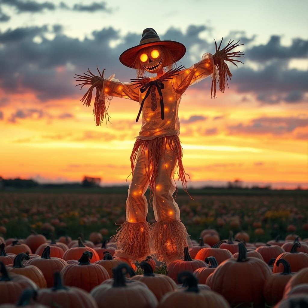 Holographic Scarecrow Dances on Giant Pumpkins at Sunset