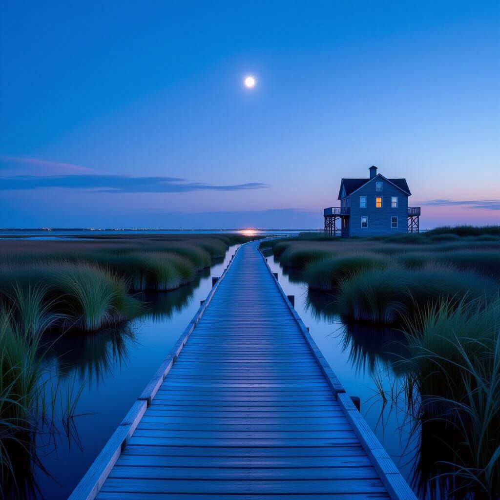 Twilight Over Salt Marsh with Blue-Grey Walkway
