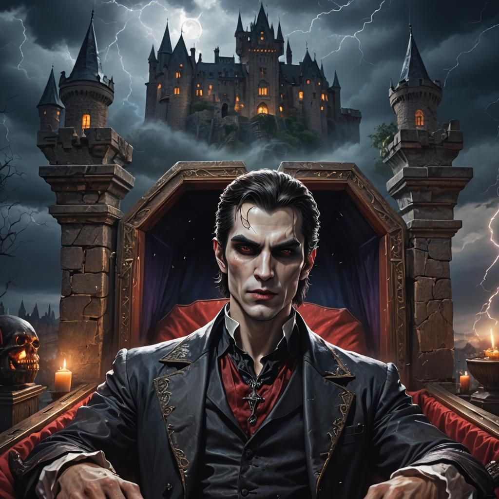Handsome Vampire in Coffin, Hyperrealistic Splash Art