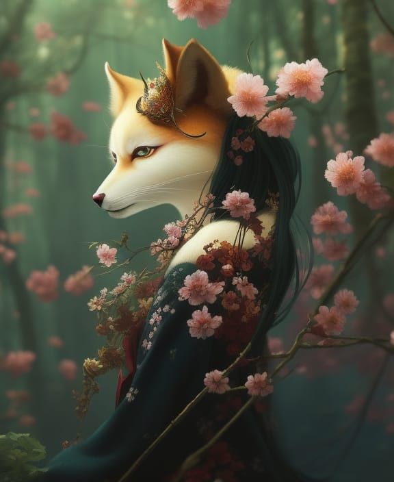 Kitsune in Dreamlike Japanese Aesthetic with Cherry Blossoms