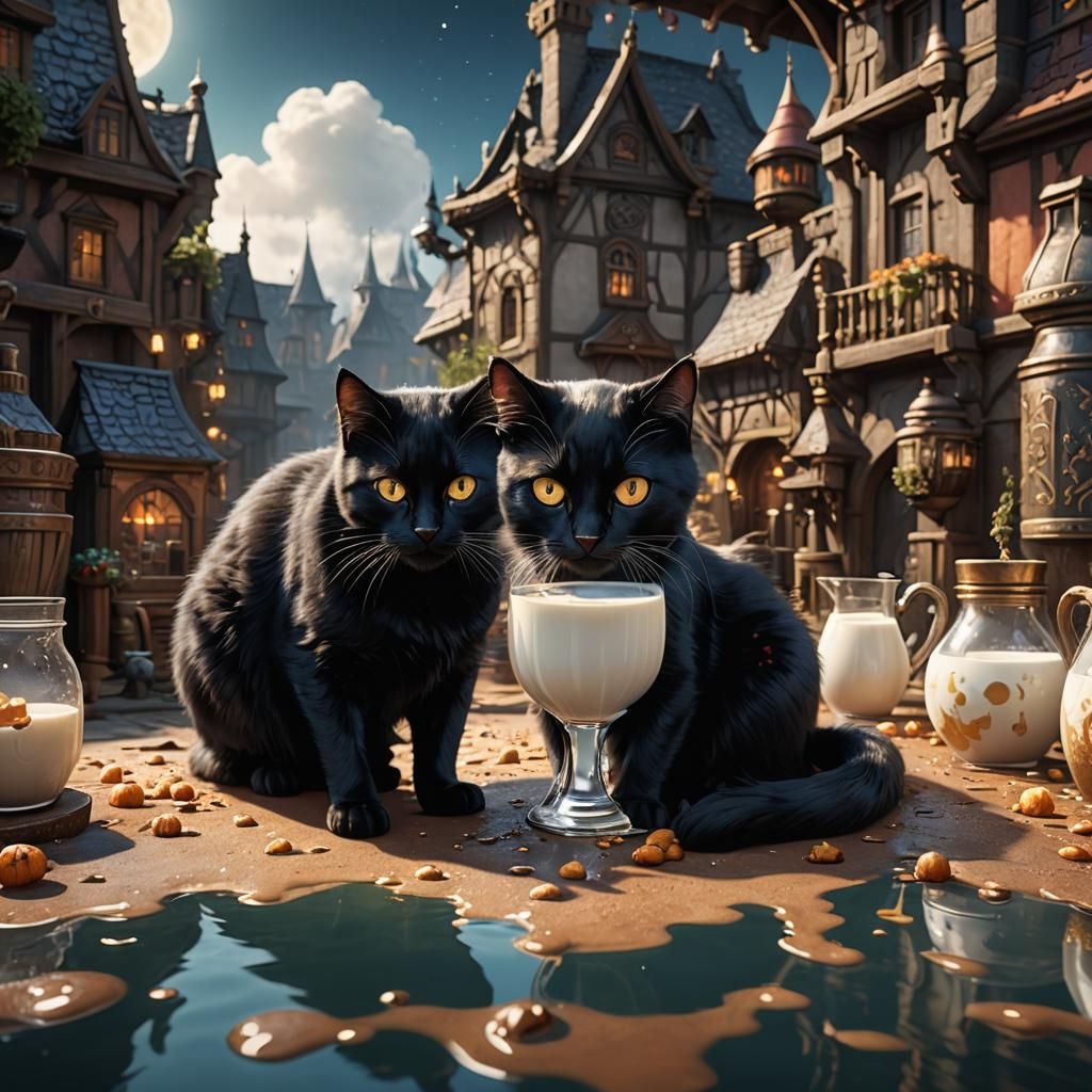 Black Cat Drinks Milk: Detailed Matte Painting