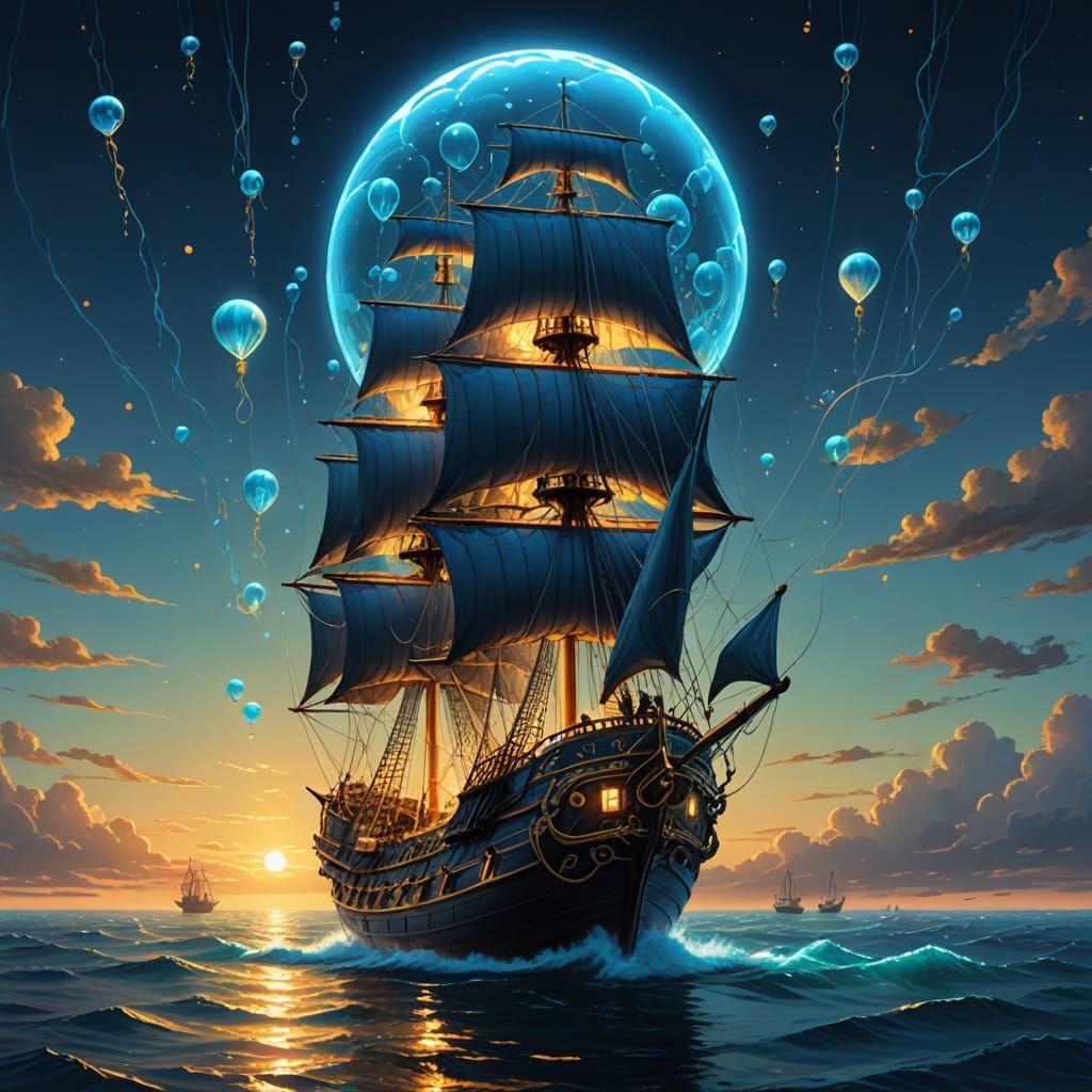 Bioluminescent Balloon with Golden Ship: Sci-Fi Art