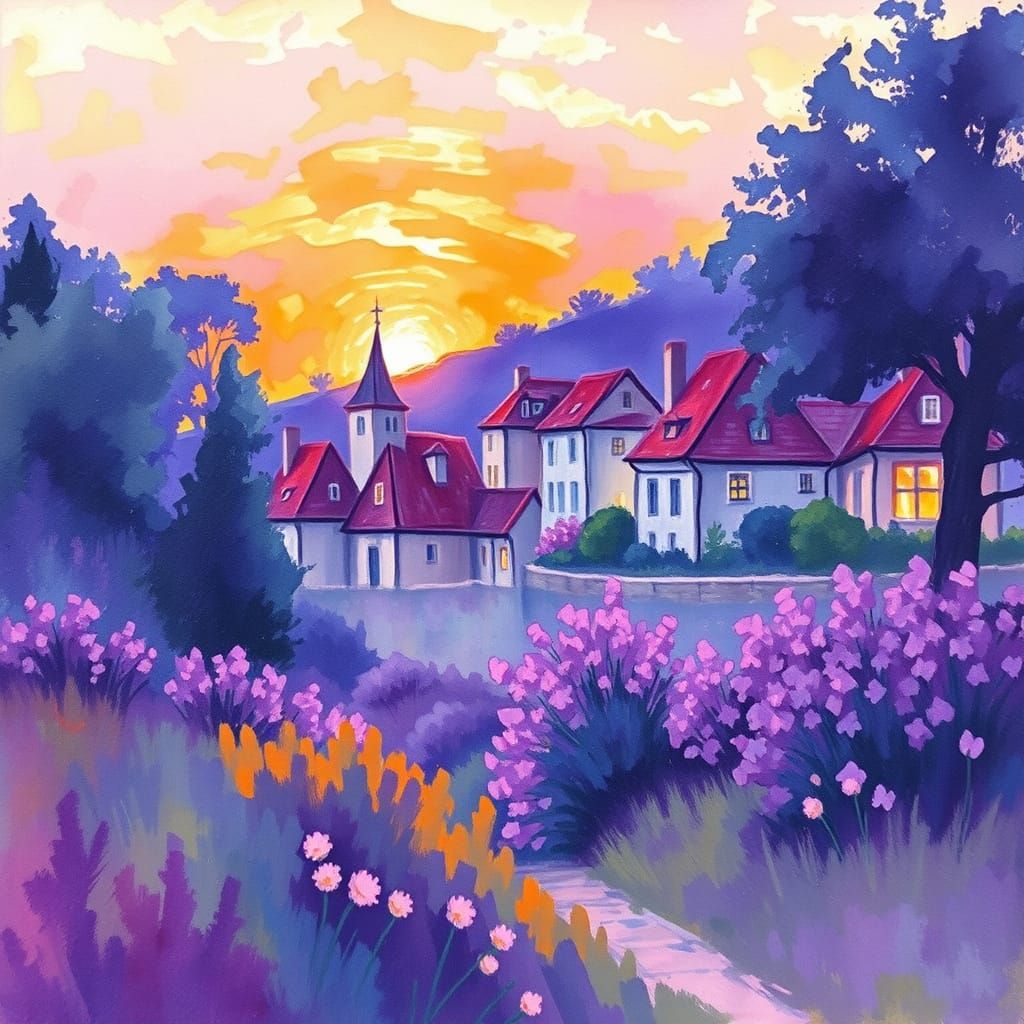 Sunset Village in Impressionist Style