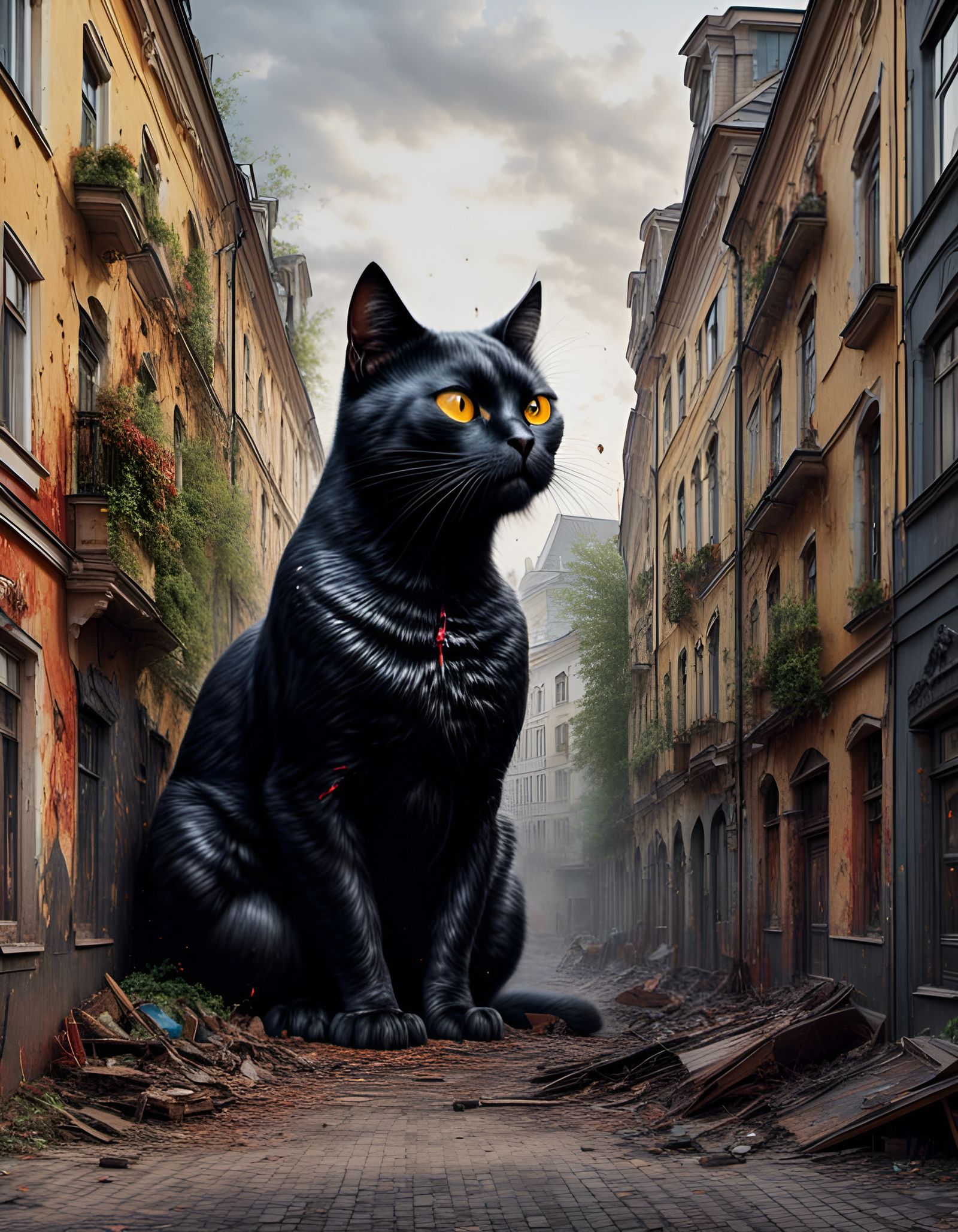 Giant Black Cat Crushes Riga: Realistic Photo