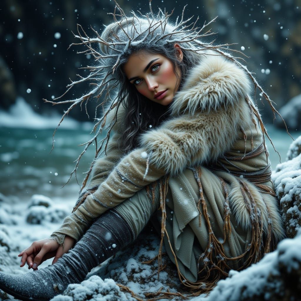 Snow Selkie Sea Maiden on Stormy Shore