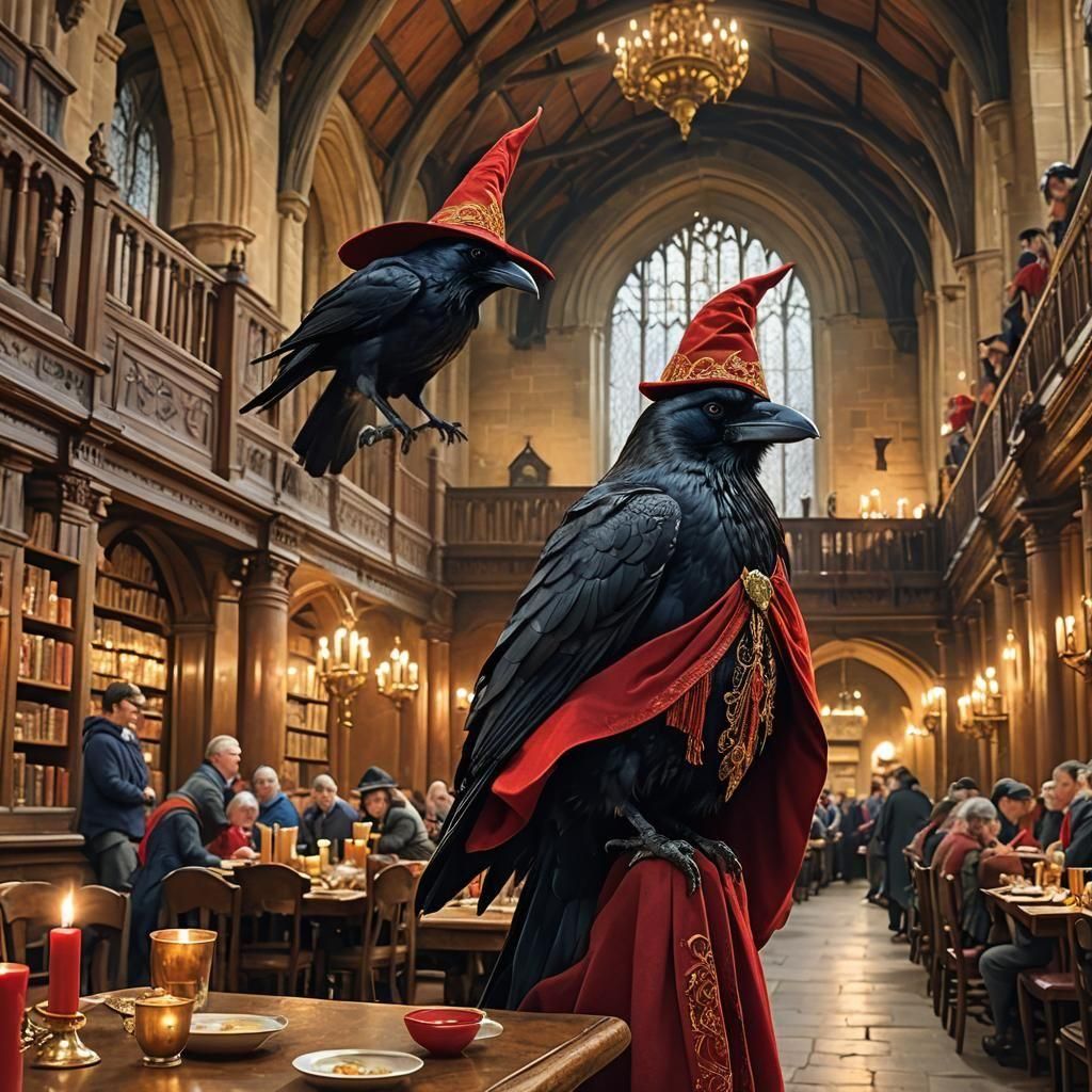 Raven Wizard in Hogwarts Dining Hall, Hyperrealistic Art