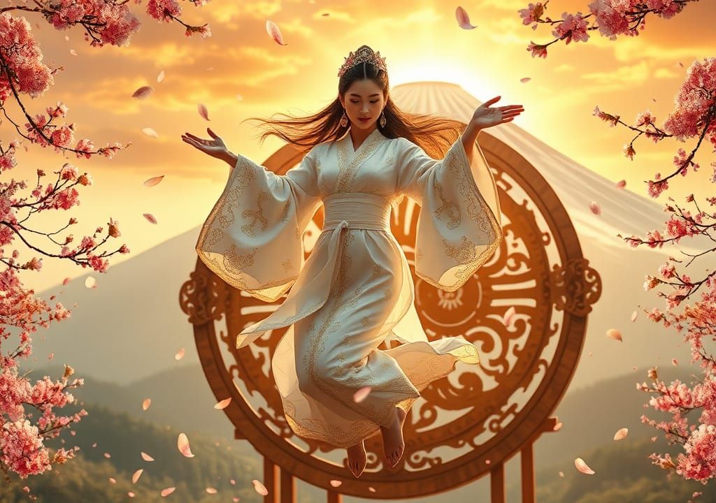 Amaterasu Sun Goddess Dancing with Sakura Petals