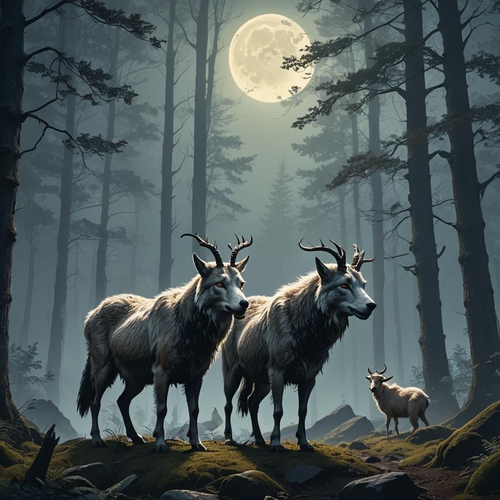Wolf and Goat in Misty Forest, Matte Painting