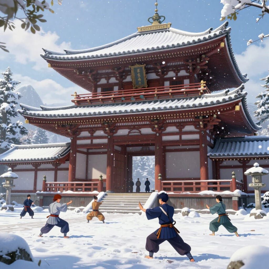 Martial Arts Practice at Snowy Japanese Temple