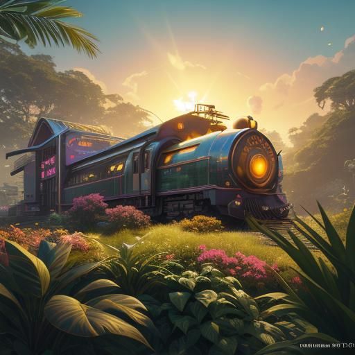 Ornate Egg Surrounded by Neon Flowers in Golden Light