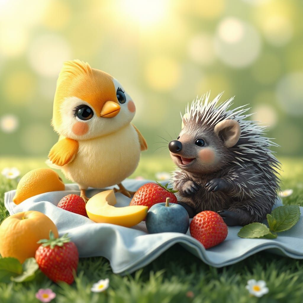 Kawaii Baby Bird and Porcupine Spring Picnic