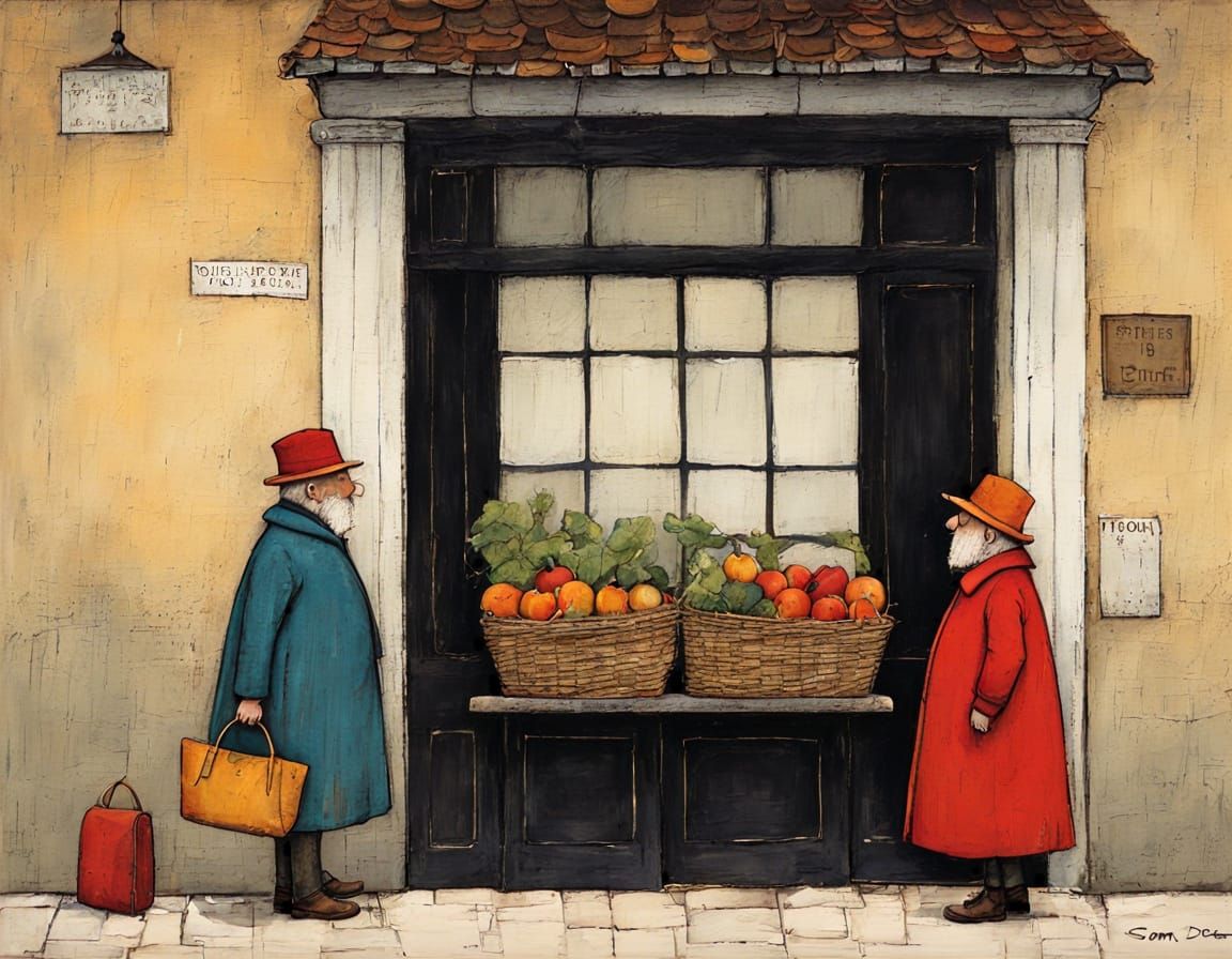 Cozy Whimsical Village Scene in Traditional Watercolor Style